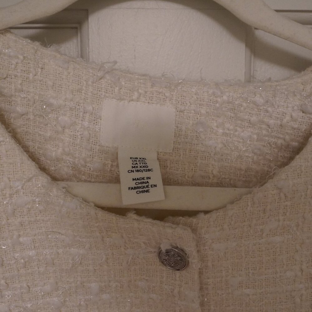Cream Textured Bouclé Cropped Lady Jacket XXL White Sparkle Button Front - Picture 2 of 5